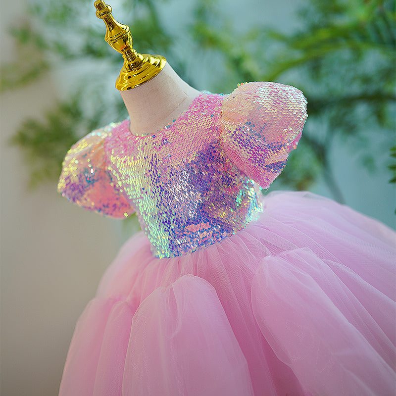 Pink Sequin Tulle Princess Dress - Puff Sleeve, Tea Length