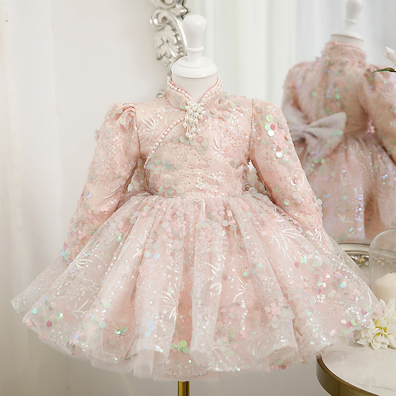 Pink Sequined A-Line Flower Girl Dress - Mock Neck & Long Sleeves