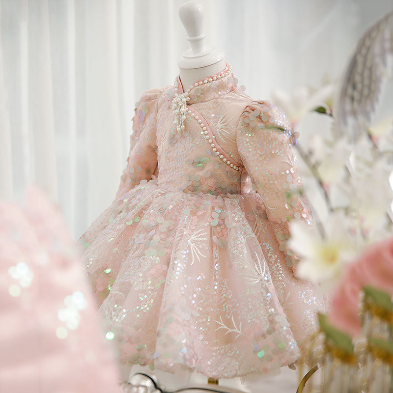 Pink Sequined A-Line Flower Girl Dress - Mock Neck & Long Sleeves