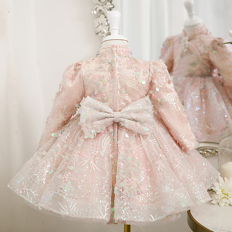 Pink Sequined A-Line Flower Girl Dress - Mock Neck & Long Sleeves