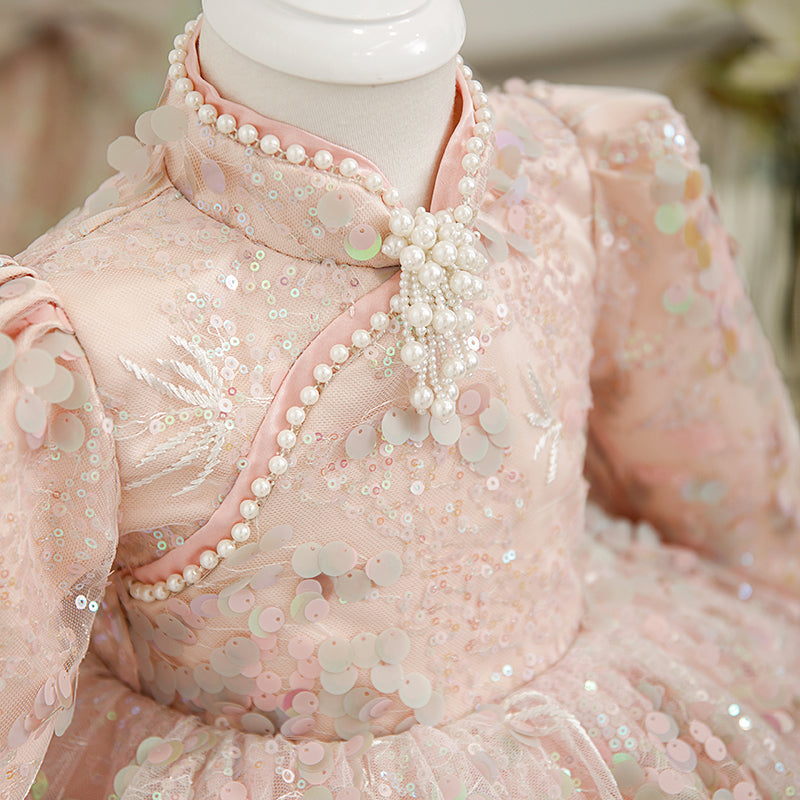 Pink Sequined A-Line Flower Girl Dress - Mock Neck & Long Sleeves