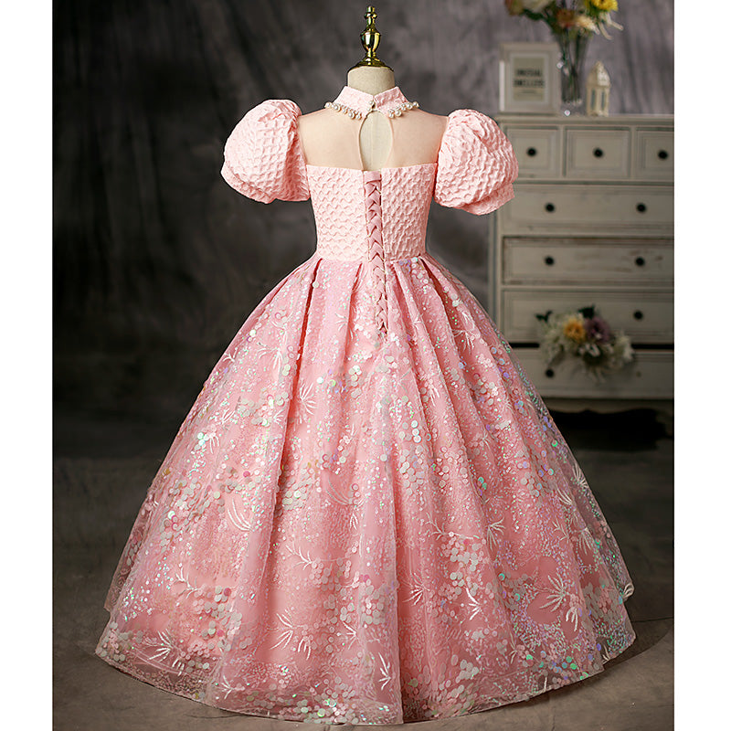 Pink Sequined A-Line Flower Girl Dress with Puff Sleeves
