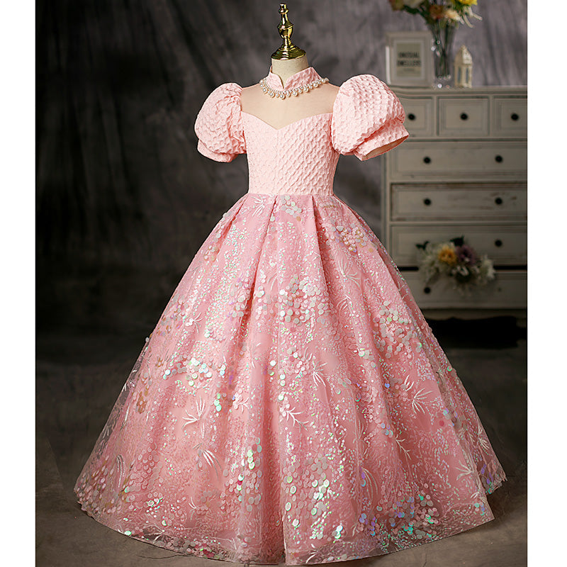 Pink Sequined A-Line Flower Girl Dress with Puff Sleeves