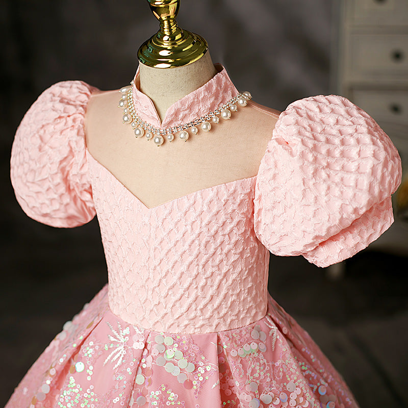 Pink Sequined A-Line Flower Girl Dress with Puff Sleeves