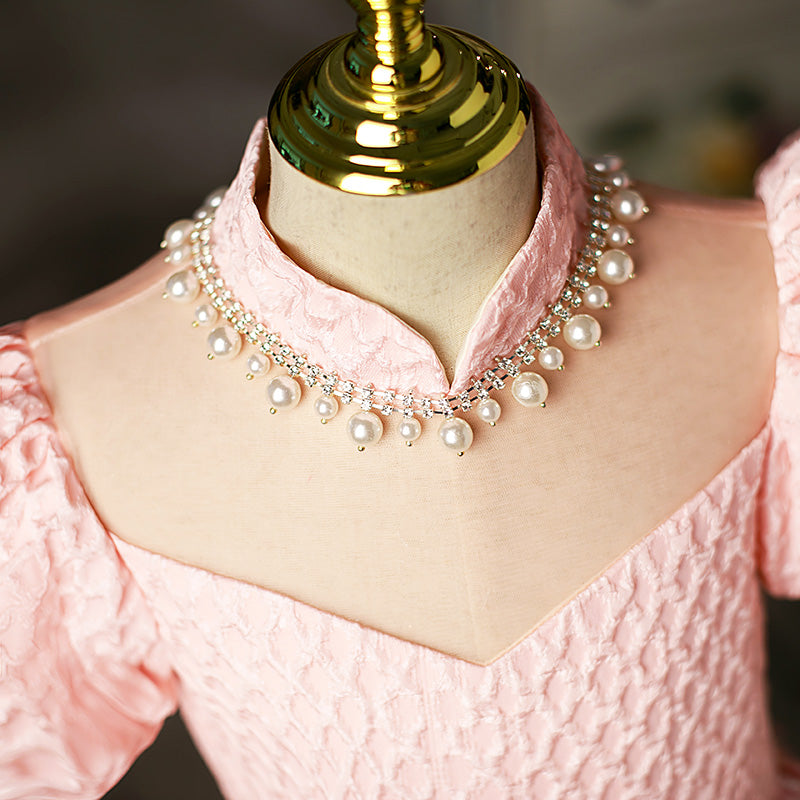 Pink Sequined A-Line Flower Girl Dress with Puff Sleeves