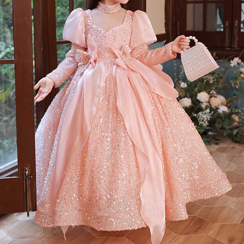 Pink Sequined Ball Gown for Girls – V-Neck Long Sleeve Princess
