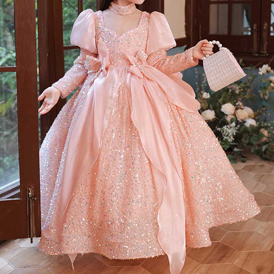 Pink Sequined Ball Gown for Girls – V-Neck Long Sleeve Princess Dress