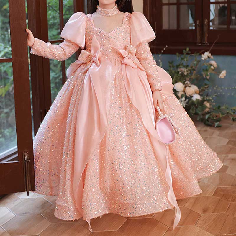 Pink Sequined Ball Gown for Girls – V-Neck Long Sleeve Princess Dress