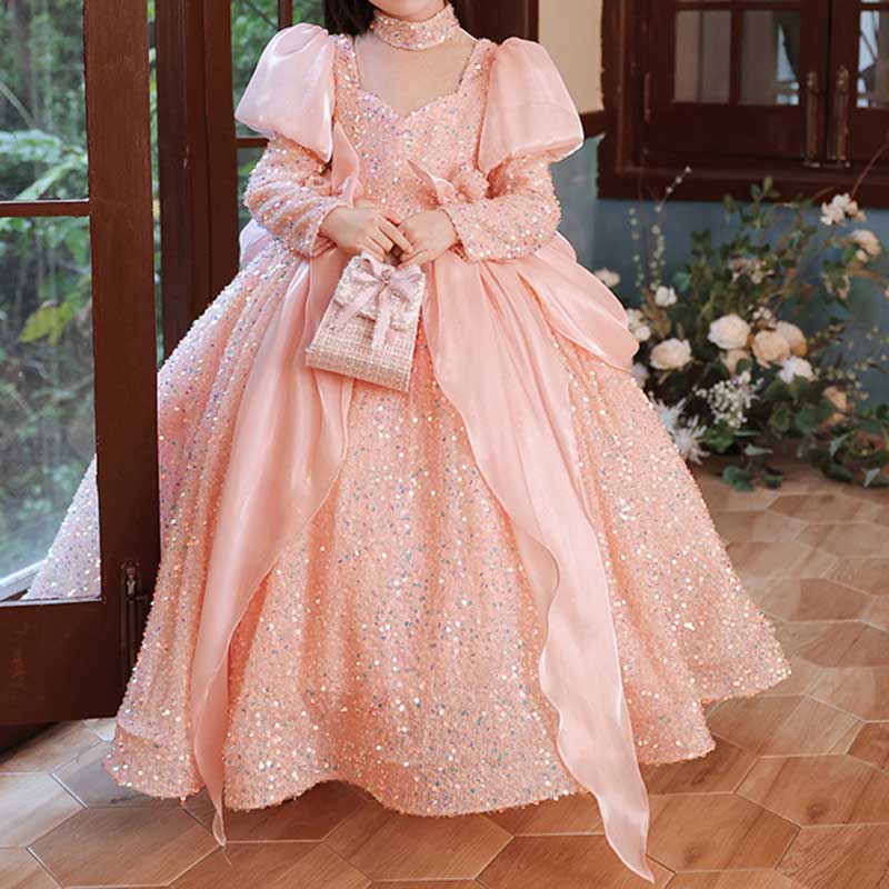 Pink Sequined Ball Gown for Girls – V-Neck Long Sleeve Princess Dress