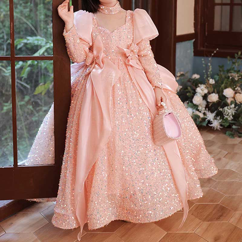 Pink Sequined Ball Gown for Girls – V-Neck Long Sleeve Princess Dress