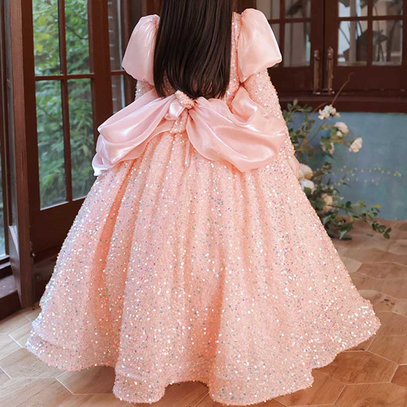 Pink Sequined Ball Gown for Girls – V-Neck Long Sleeve Princess Dress