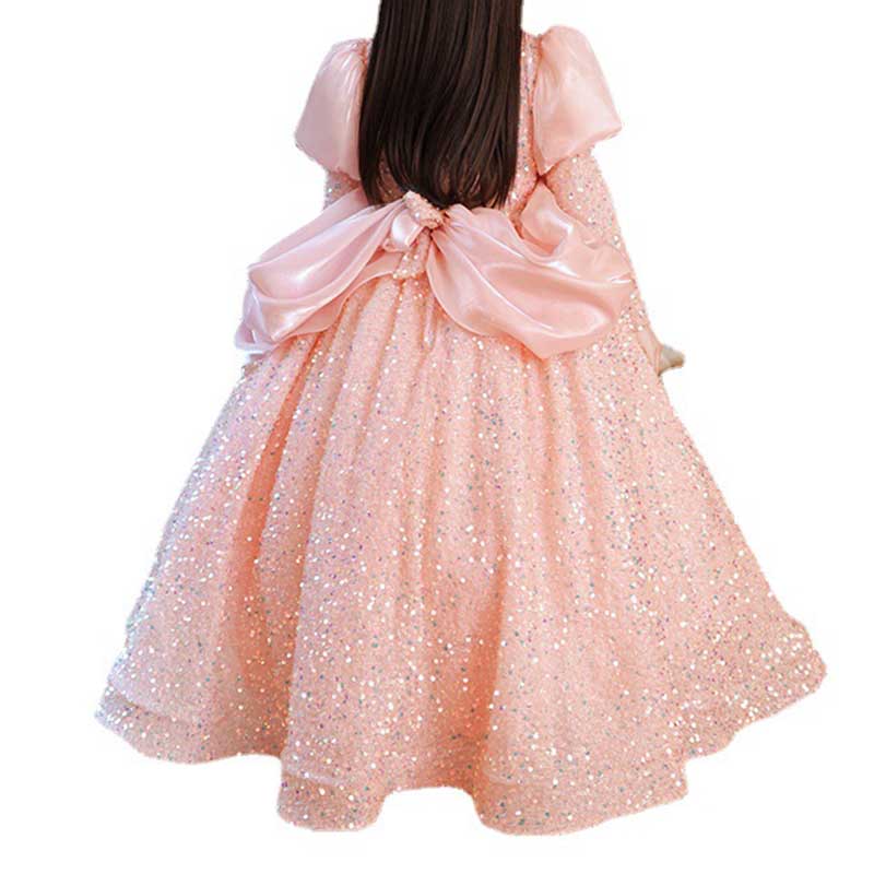 Pink Sequined Ball Gown for Girls – V-Neck Long Sleeve Princess Dress