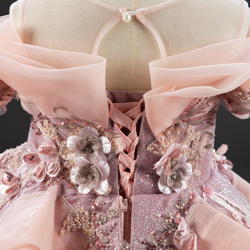 Pink Ball Gown Flower Girl Dress for Special Occasions | Sequined Organza Princess Dress