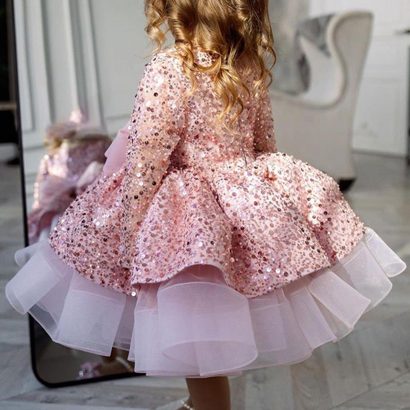 Girls Pink Sequined Princess Dress with Bows & Tiered Skirt - Special Occasion Gown