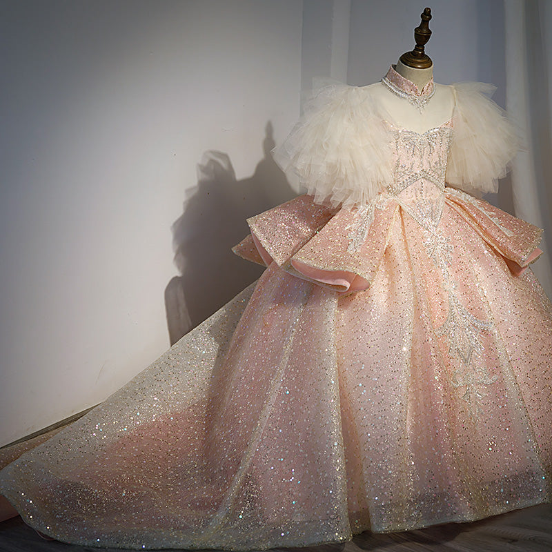 Pink Sequined Princess Flower Girl Dress with Puff Sleeves