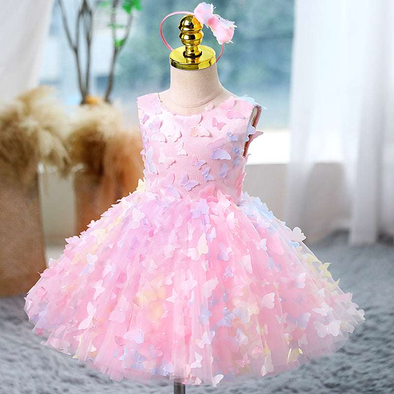 Pink Butterfly Sleeveless Tulle Princess Dress for Girls | Special Occasion