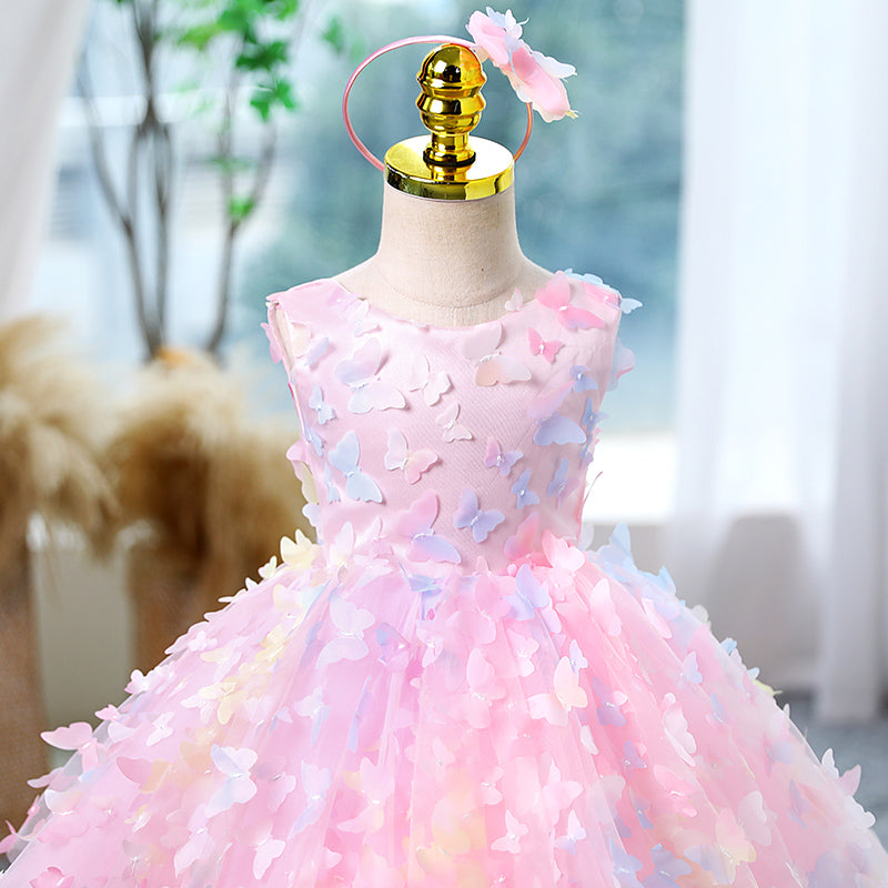Pink Butterfly Sleeveless Tulle Princess Dress for Girls | Special Occasion