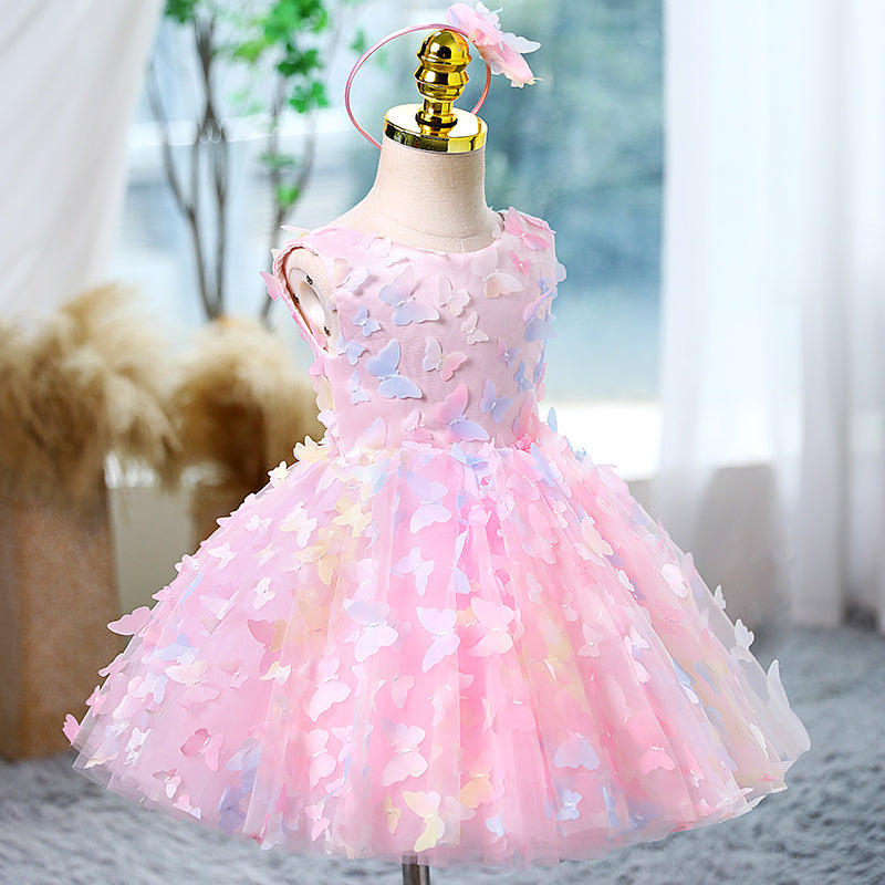 Pink Butterfly Sleeveless Tulle Princess Dress for Girls | Special Occasion