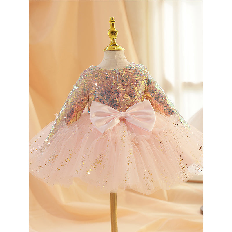 Pink Tulle & Sequined A-Line Flower Girl Dress - Long Sleeve