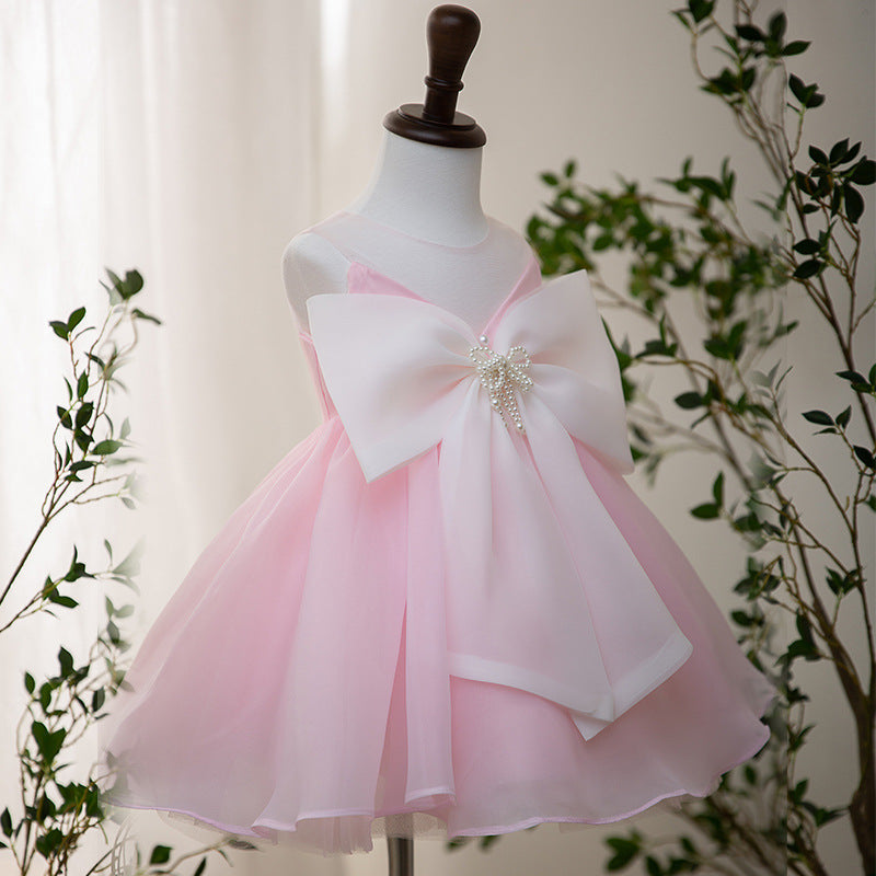 Pink Tulle A-Line Flower Girl Dress Beaded Bow Sleeveless