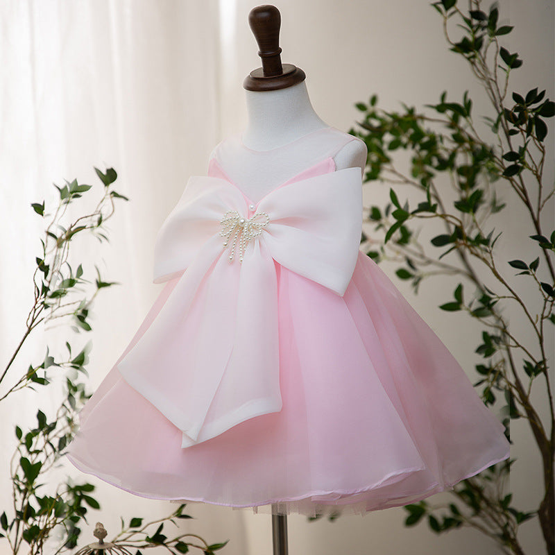 Pink Tulle A-Line Flower Girl Dress Beaded Bow Sleeveless