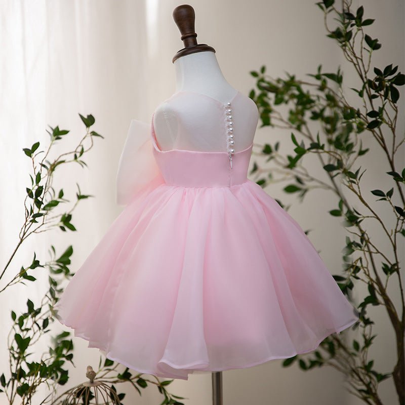 Pink Tulle A-Line Flower Girl Dress Beaded Bow Sleeveless