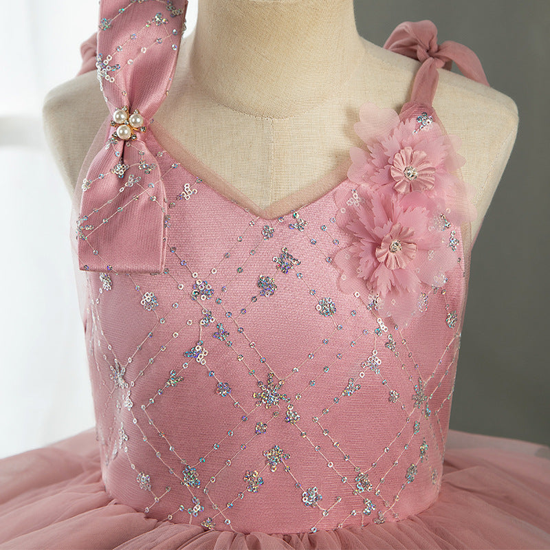 Pink Tulle A-Line Flower Girl Dress Flower Sequin Sleeveless Tea