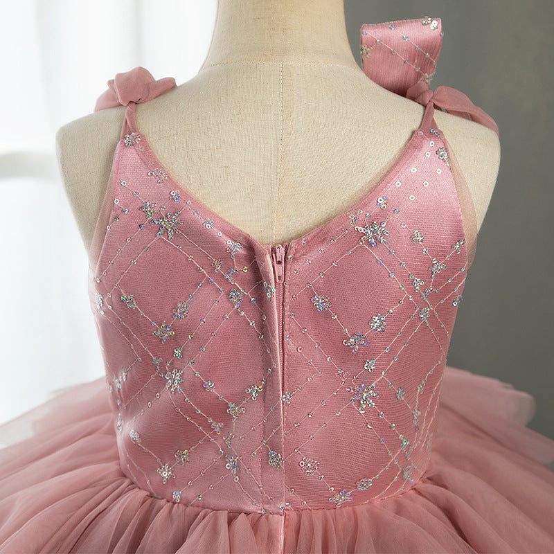 Pink Tulle A-Line Flower Girl Dress Flower Sequin Sleeveless Tea