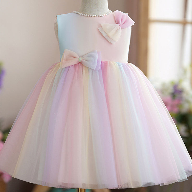 Pink Tulle A-Line Flower Girl Dress Sleeveless Bow Tea