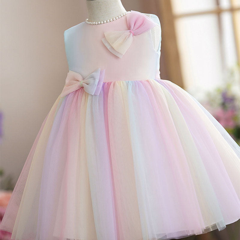 Pink Tulle A-Line Flower Girl Dress Sleeveless Bow Tea
