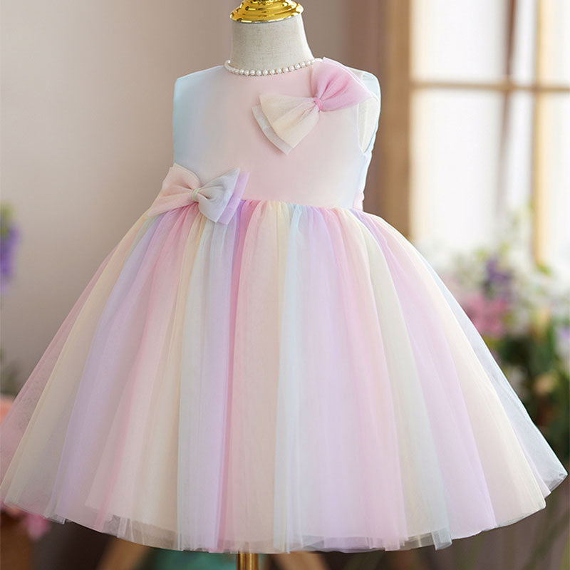 Pink Tulle A-Line Flower Girl Dress Sleeveless Bow Tea