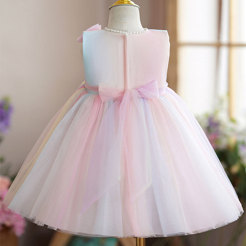 Pink Tulle A-Line Flower Girl Dress Sleeveless Bow Tea