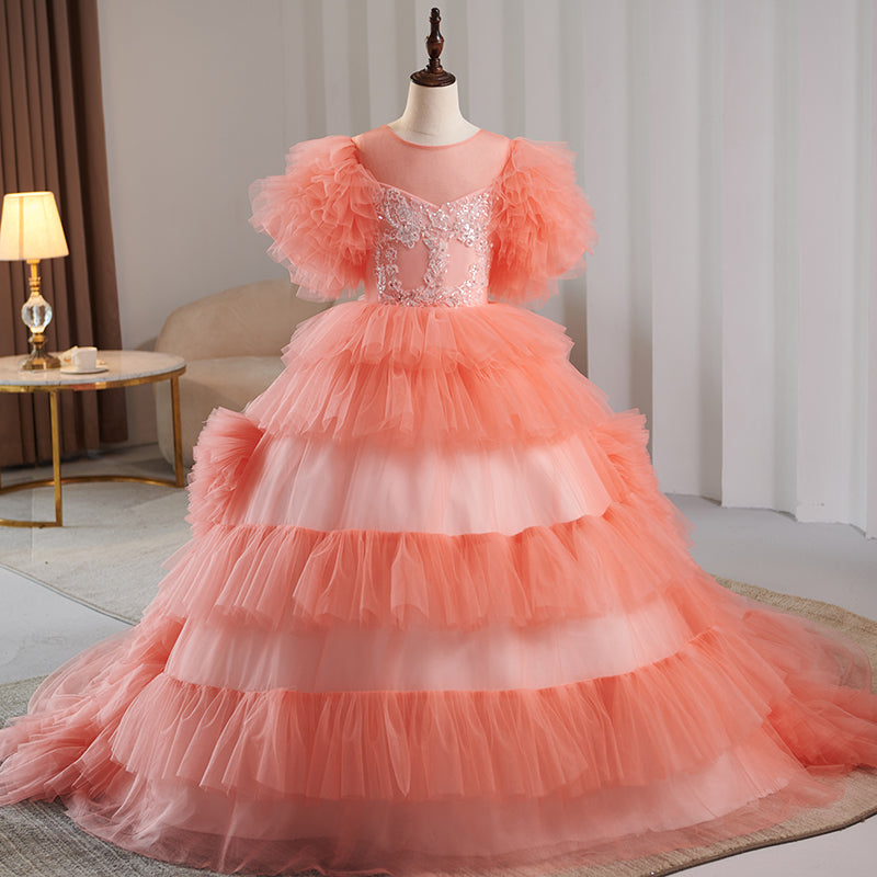 Pink Tulle A-Line Flower Girl Dress with Lace & Puff Sleeves