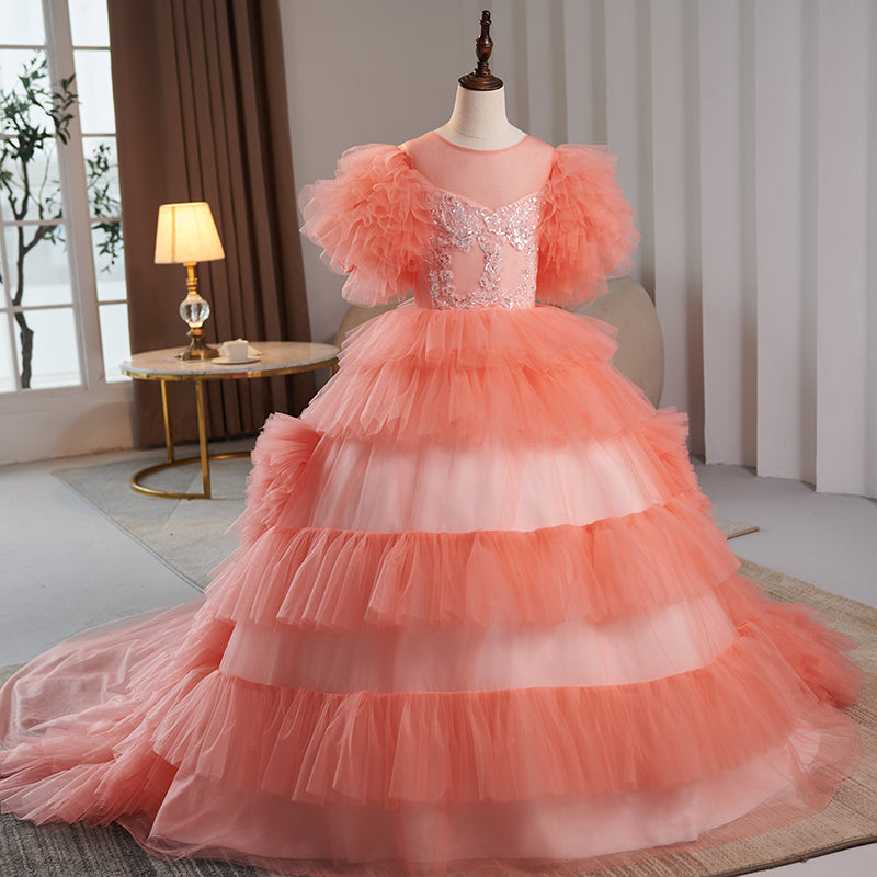 Pink Tulle A-Line Flower Girl Dress with Lace & Puff Sleeves