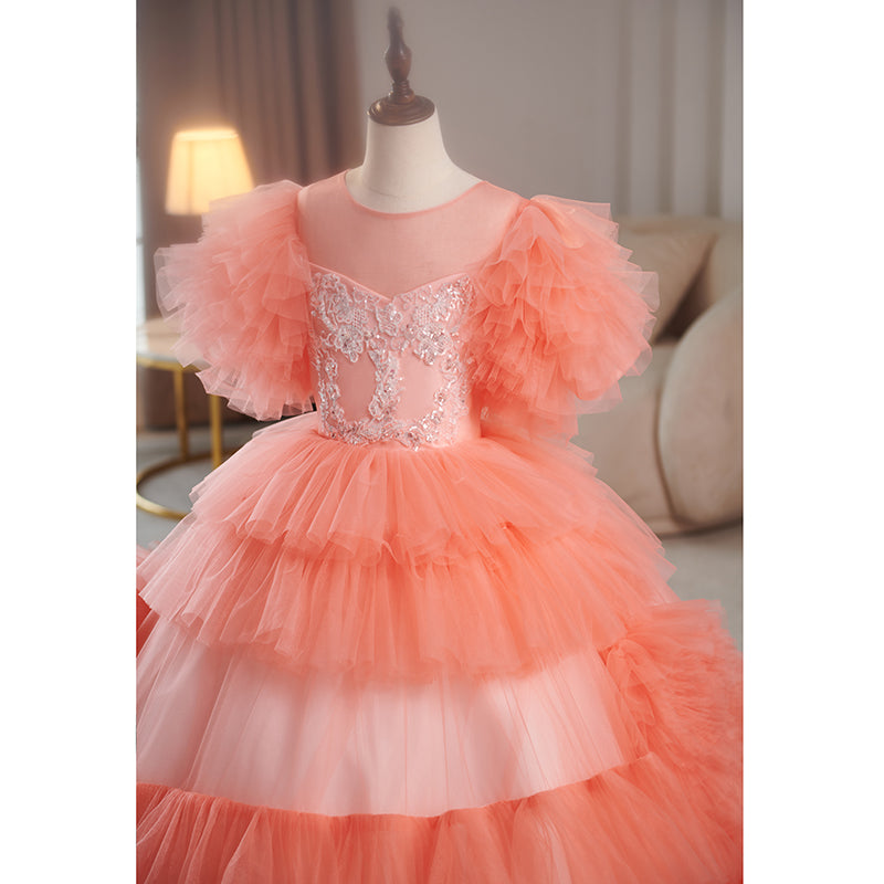 Pink Tulle A-Line Flower Girl Dress with Lace & Puff Sleeves