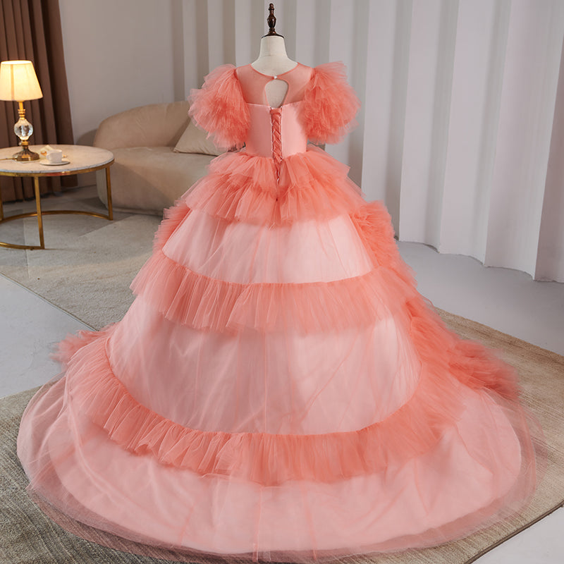 Pink Tulle A-Line Flower Girl Dress with Lace & Puff Sleeves