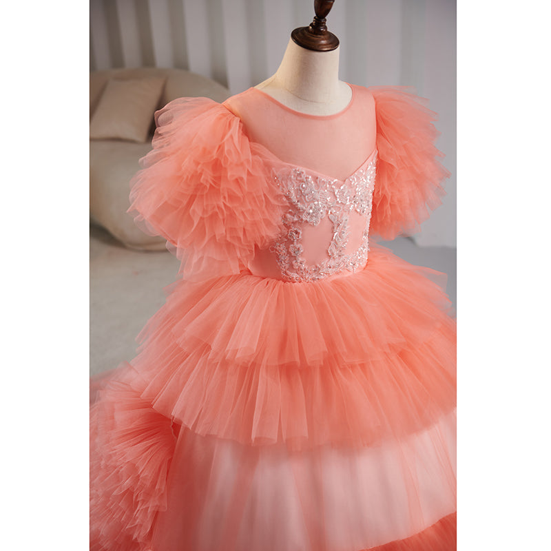 Pink Tulle A-Line Flower Girl Dress with Lace & Puff Sleeves