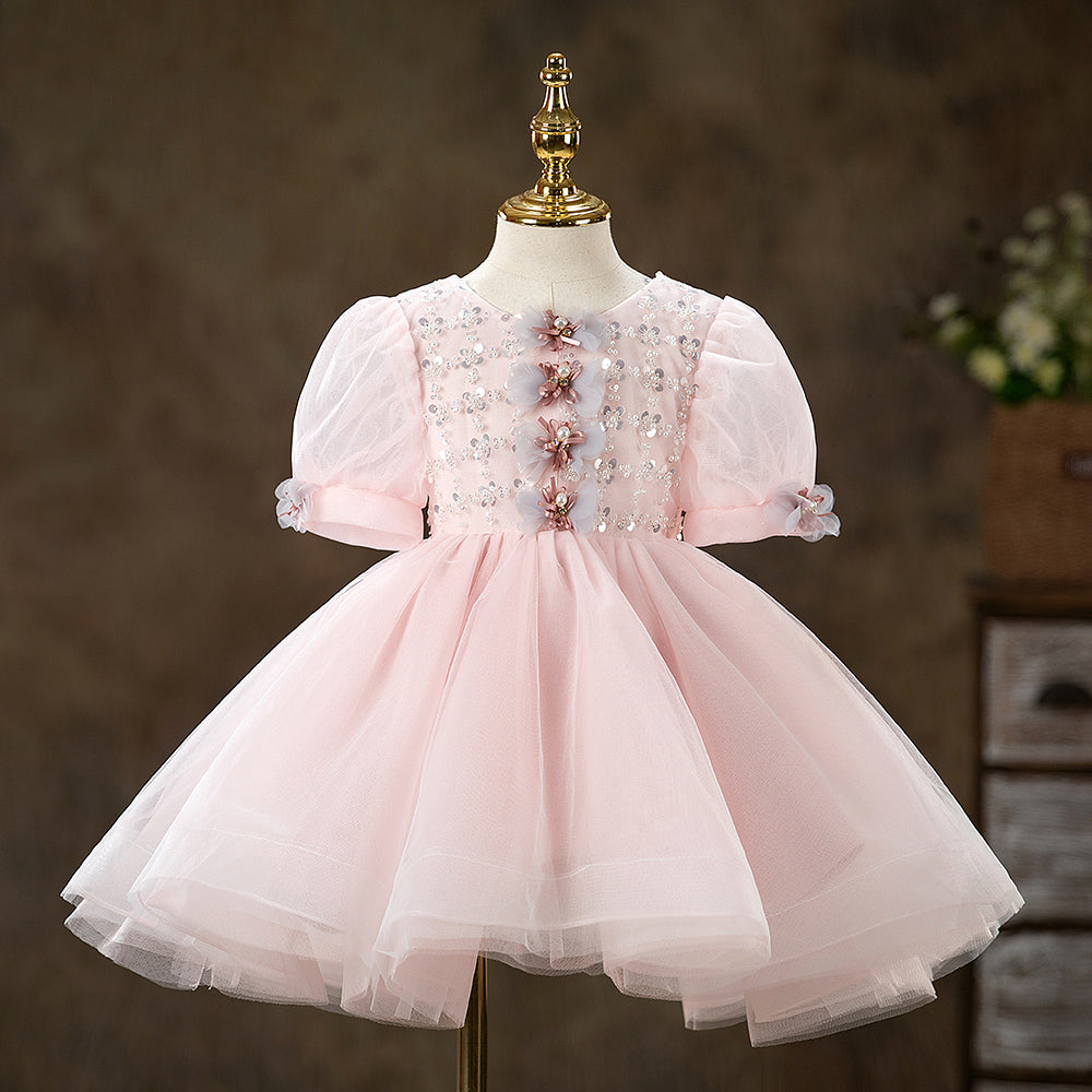 Pink Tulle Flower Girl Dress: Sequins, Lantern Sleeves