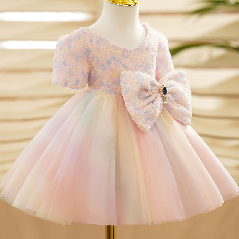 Pink Tulle Princess Flower Girl Dress Flower Bow Puff Sleeve