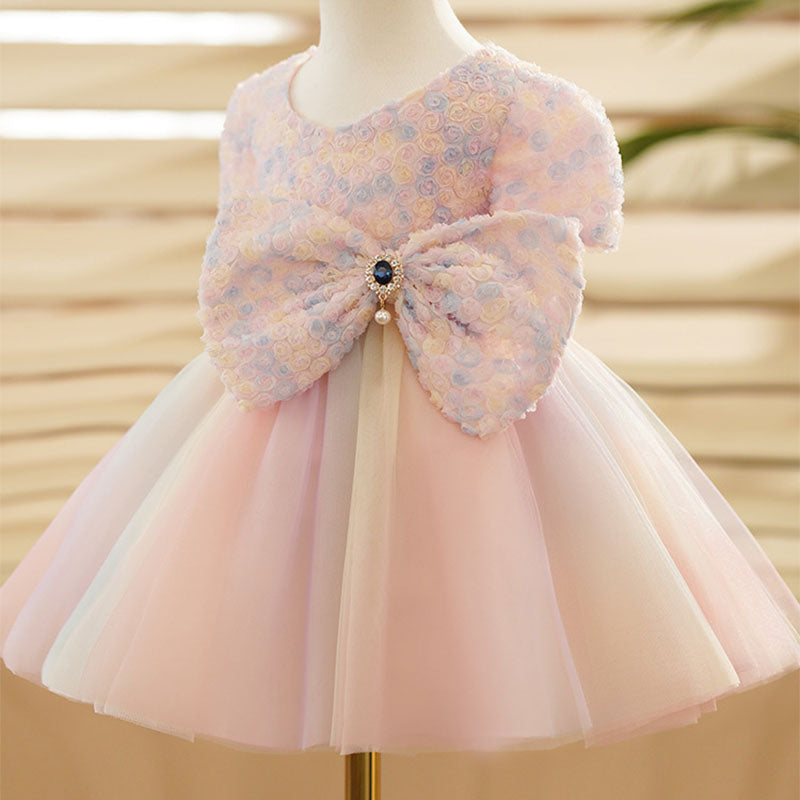 Pink Tulle Princess Flower Girl Dress Flower Bow Puff Sleeve