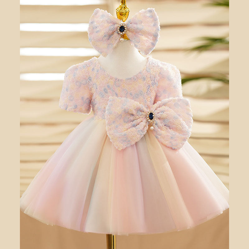 Pink Tulle Princess Flower Girl Dress Flower Bow Puff Sleeve