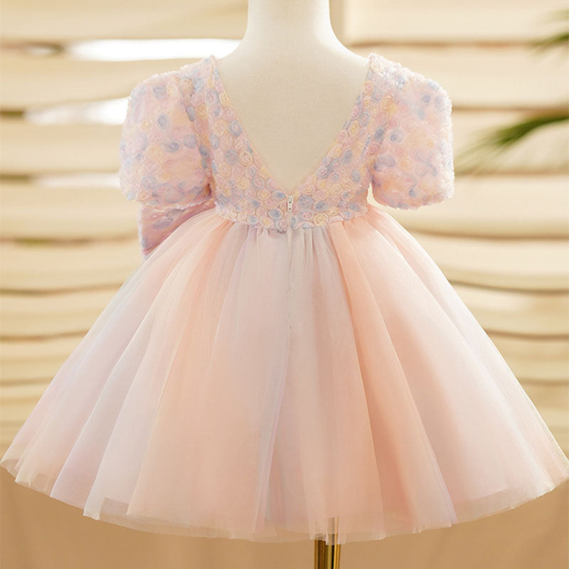 Pink Tulle Princess Flower Girl Dress Flower Bow Puff Sleeve
