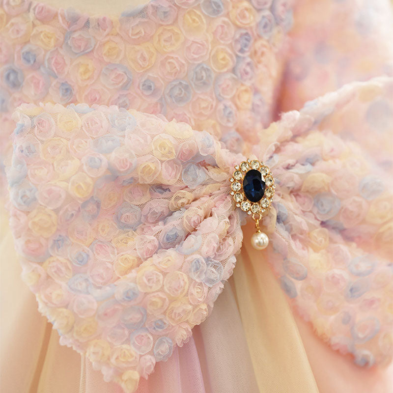 Pink Tulle Princess Flower Girl Dress Flower Bow Puff Sleeve