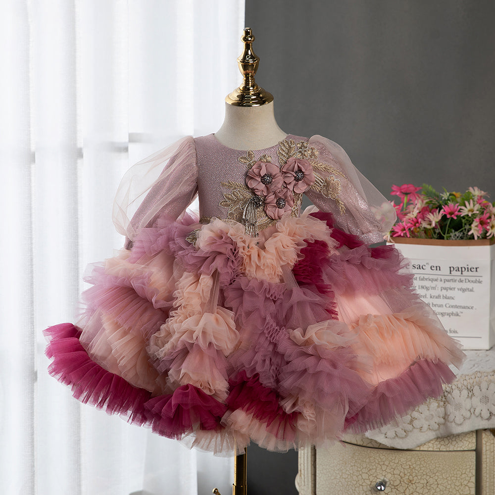Pink Tulle Princess Flower Girl Dress Long Puff Sleeves