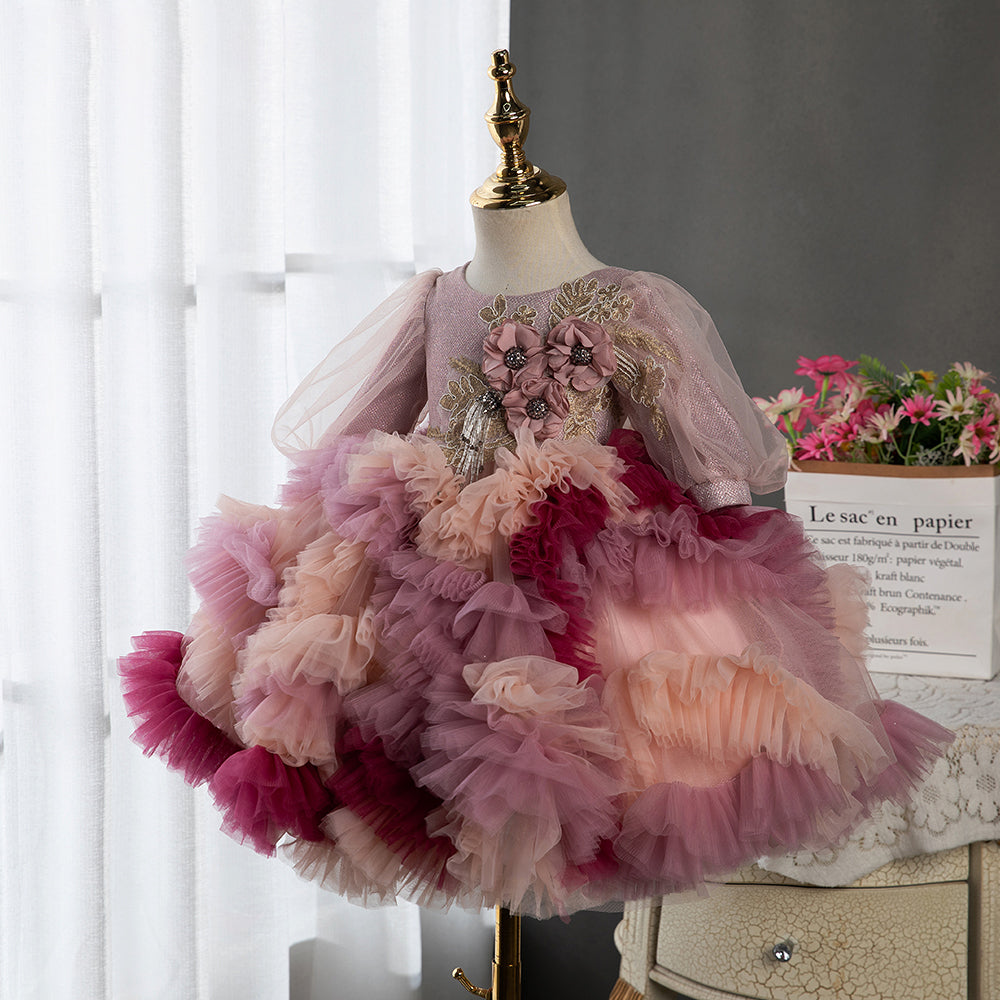 Pink Tulle Princess Flower Girl Dress Long Puff Sleeves
