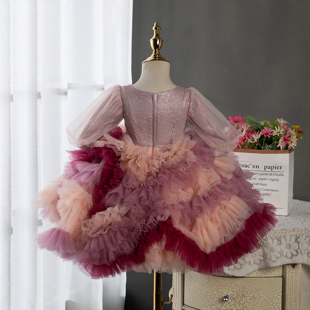 Pink Tulle Princess Flower Girl Dress Long Puff Sleeves