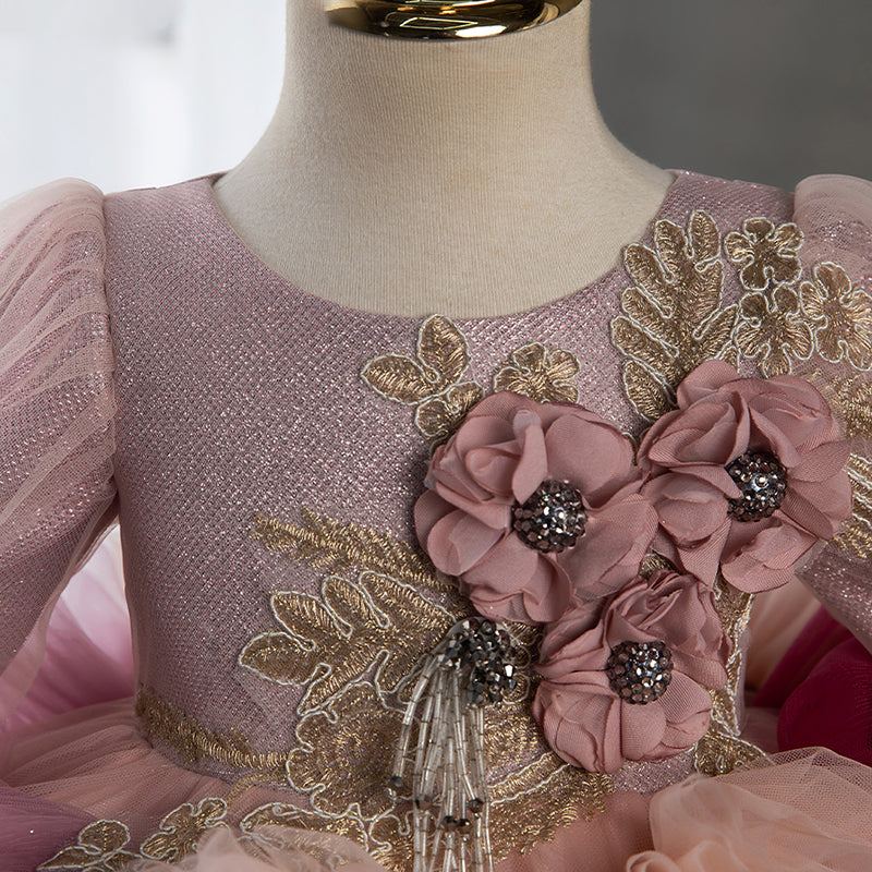 Pink Tulle Princess Flower Girl Dress Long Puff Sleeves