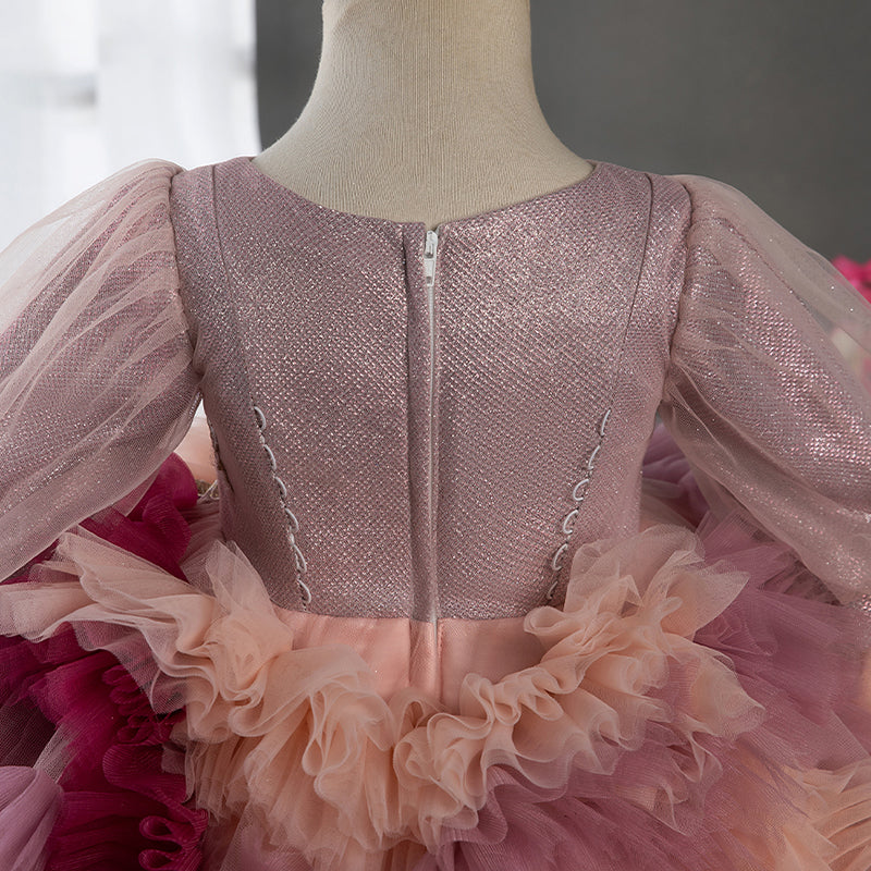Pink Tulle Princess Flower Girl Dress Long Puff Sleeves