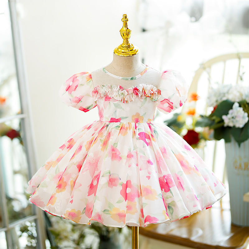 Pink Tulle Princess Flower Girl Dress Round Neck Puff Sleeve