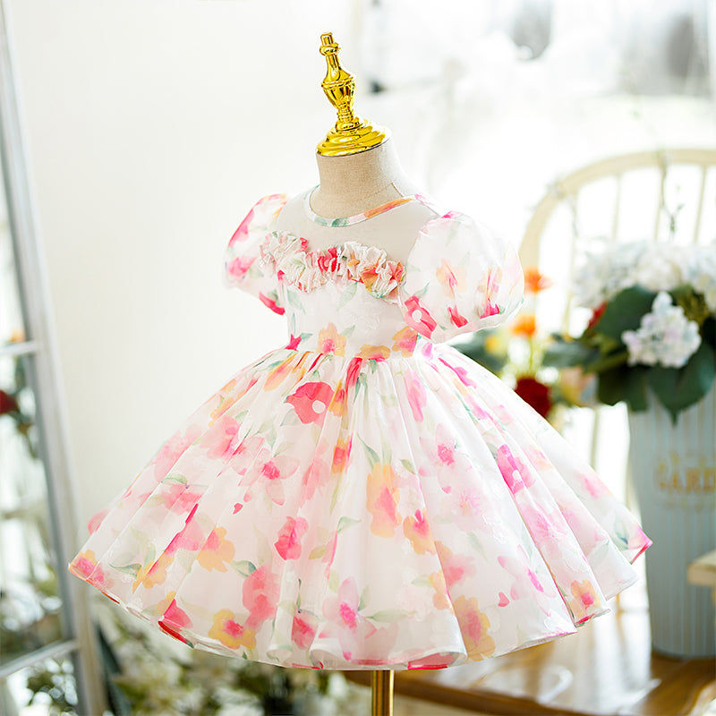 Pink Tulle Princess Flower Girl Dress Round Neck Puff Sleeve